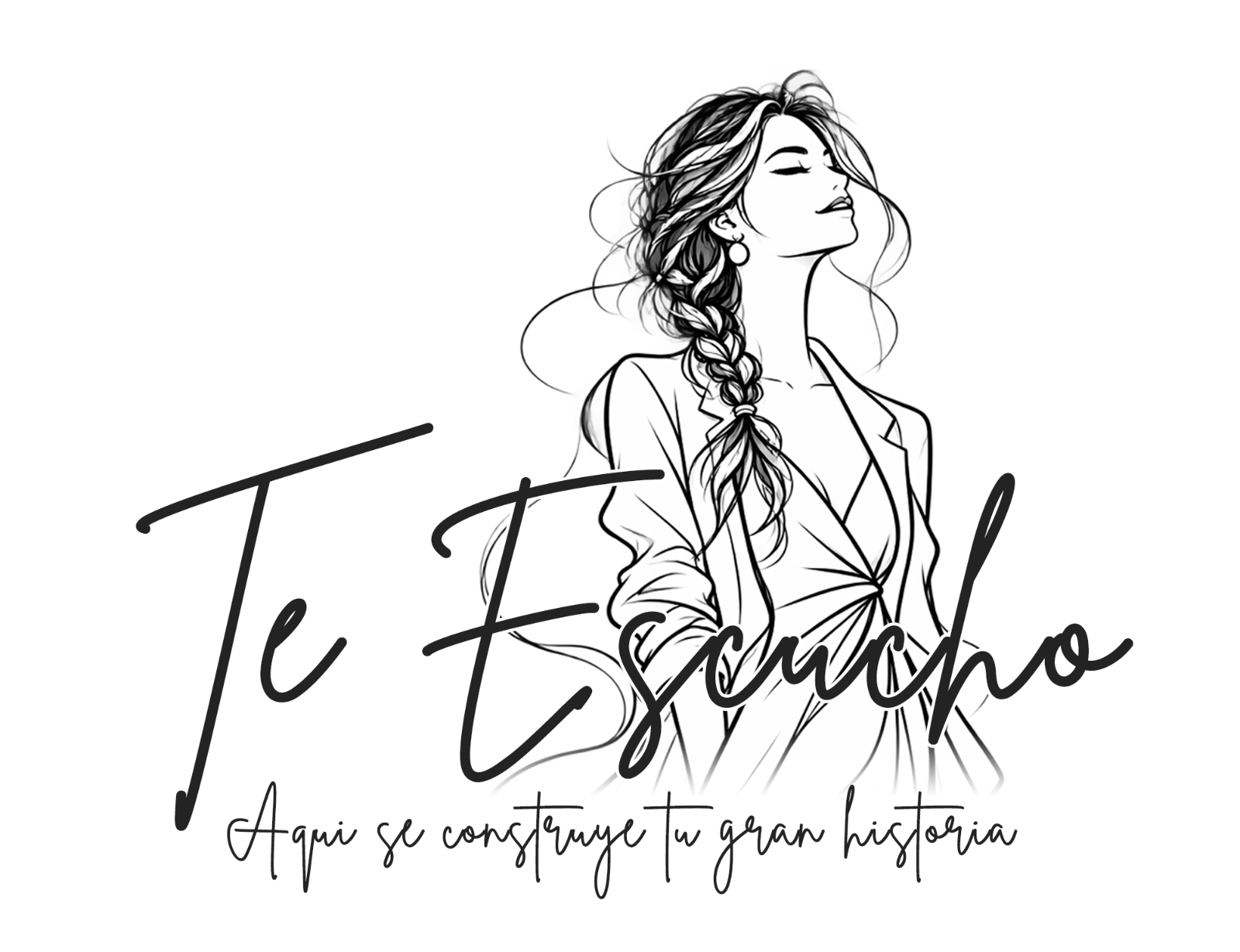 Imagen corporativa de Te Escucho, con una ilustración femenina en blanco y negro y el lema «Aquí se construye tu gran historia».